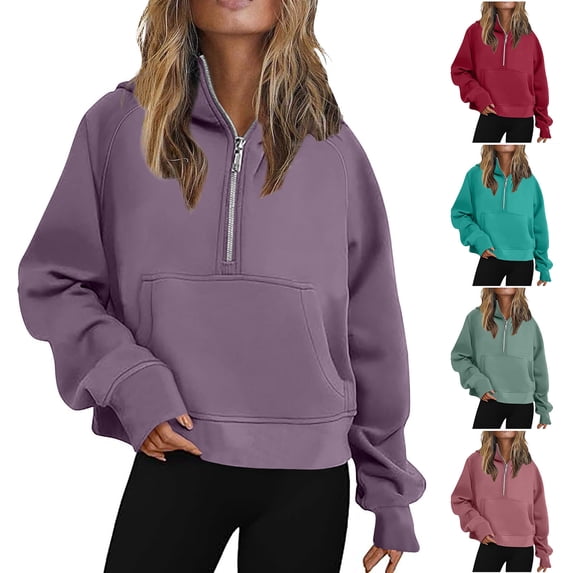 QATAINLAV Half Zip Sweatshirts for Women 2025 Fall Winter Warm Fleece Hoodies Jackets Solid Casual Long Sleeve Pullover Tops with Pockets Purple XXL