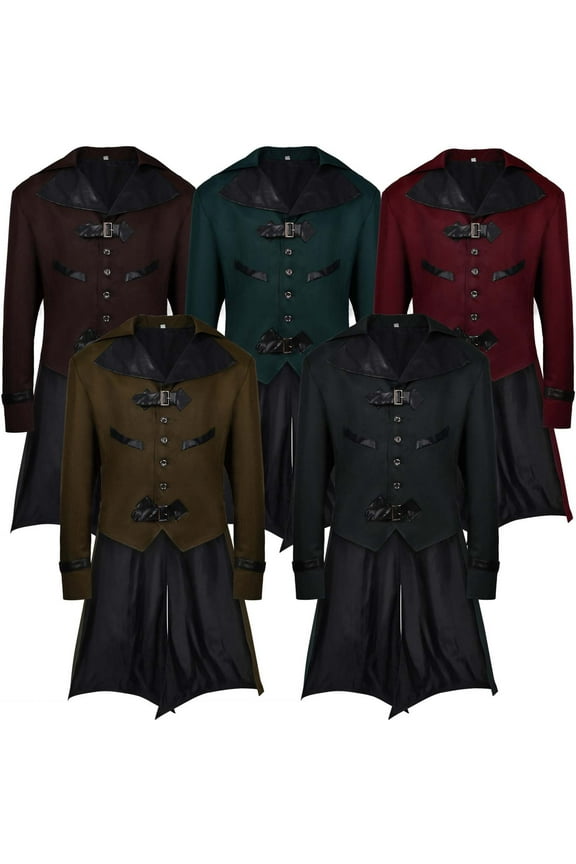 Halloween Costume for Men Medieval Steampunk Tailcoat Victorian Gothic Jacket Button Lapel Blazer Tuxedo Coat Solid Color Suit Jacket Mothers Day Gifts Wine 3XL