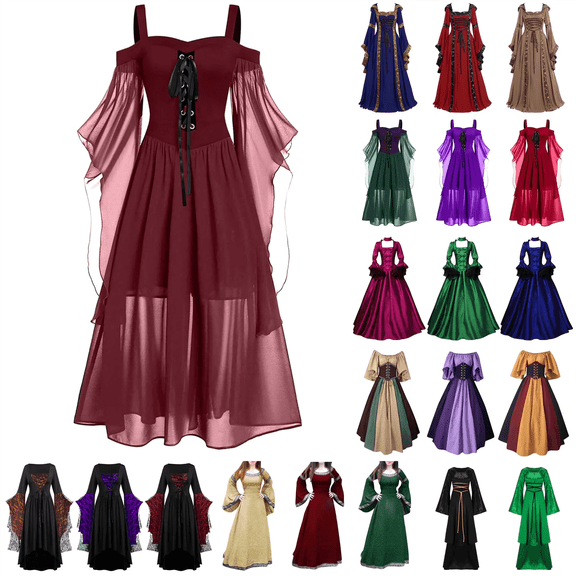 QATAINLAV Halloween Costumes for Women Casual Cold Shoulder Batwing Sleeve Dress Lace Patchwork Vintage Gothic Corset Dresses Wedding Guest Dress, Army Green, XL, Gifts for Mom