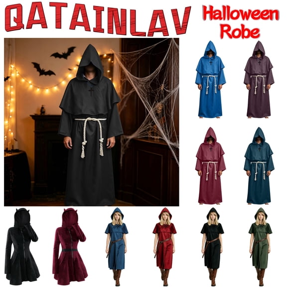 QATAINLAV Halloween Medieval Monks Set for Long Sleeve Friar Wizard Cosplay Robe and Belt Halloween Cosplay Costume Blue XXL
