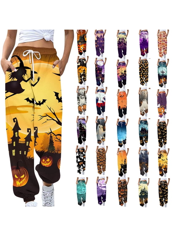 Halloween Pants for Women Baggy Cinch Bottoms Sweatpant Outdoor Drawstring High Waisted Jogger Pants with Pockets Fall Outfits Warehouse Sales Today Multicolor XXL