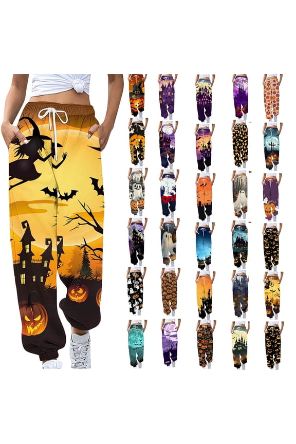 Halloween Sweatpant for Women Baggy Cinch Bottoms Jogger Pants Novelty Graphic Print Trousers Drawstring High Waisted Sweat Pants with Pockets Daily Sales Clearance Multicolor S