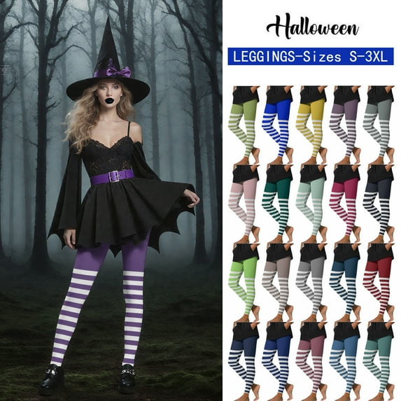 QATAINLAV Halloween Witch Striped Leggings for Women High Waisted Full Length Stretch Workout Yoga Pants Fall Fashion Clothes, Khaki, XXL, Mothers Day Gifts