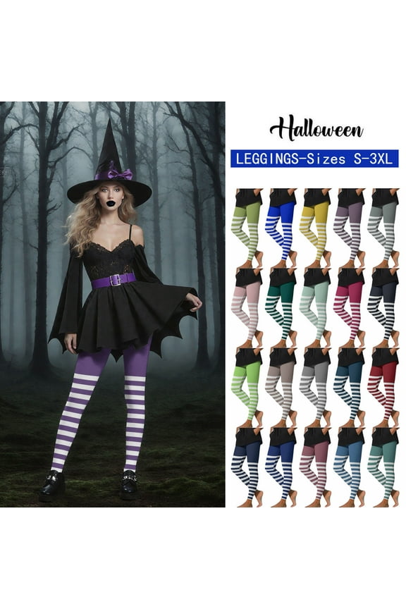 Halloween Witch Striped Leggings for Women High Waisted Full Length Stretch Workout Yoga Pants Fall Fashion Clothes, Yellow, L, Birthday Gifts