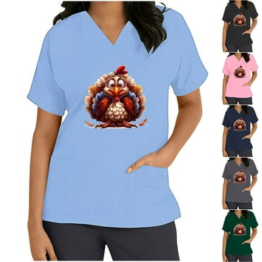QATAINLAV Happy Thanksgiving Scrubs for Women Stretchy Nursing Scrub Tops Funny Turkey Printed Short Sleeve V Neck Medical Working Uniform Blouse with Pockets Lightning Deals Today Black XXL