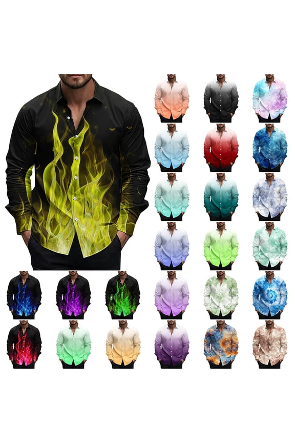 Hawaiian Shirts for Men Casual Button Down Long Sleeve Tops Fashion 3D Flames Graphic Shirt Muscle Fit Blouses Red L