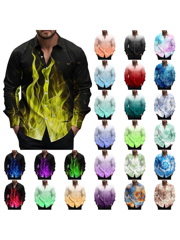 Hawaiian Shirts for Men Casual Button Down Long Sleeve Tops Fashion 3D Flames Graphic Shirt Muscle Fit Blouses Yellow S