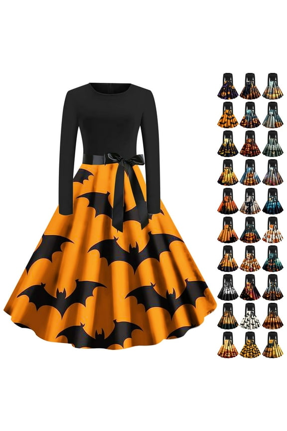 Hepburn Cocktail Party Evening Dresses for Women Halloween Printed Long Sleeve Round Neck Midi Dress, Brown, L