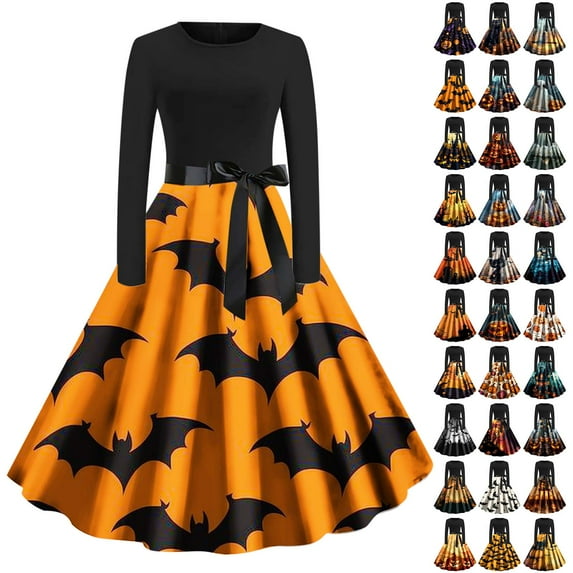 QATAINLAV Hepburn Cocktail Party Evening Dresses for Women Halloween Printed Long Sleeve Round Neck Midi Dress, Brown, L
