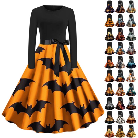QATAINLAV Hepburn Cocktail Party Evening Dresses for Women Halloween Printed Long Sleeve Round Neck Midi Dress, Off-White, L