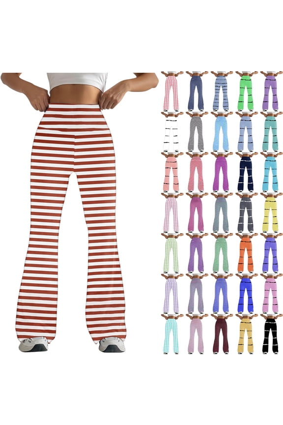 High Waist Leggings for Women Flare Yoga Pants Compression Workout Bell Bottoms Trendy Stripe Printed Flared Trousers 2024 Fall Clothes Black XXL