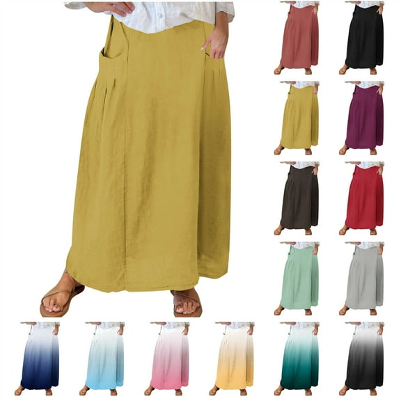 QATAINLAV High Waist Maxi Skirts for Women Casual Loose Fit Flowy SwingPleated A Line Long Skirts Solid Color Skirts with Pocket, Navy, XL,
