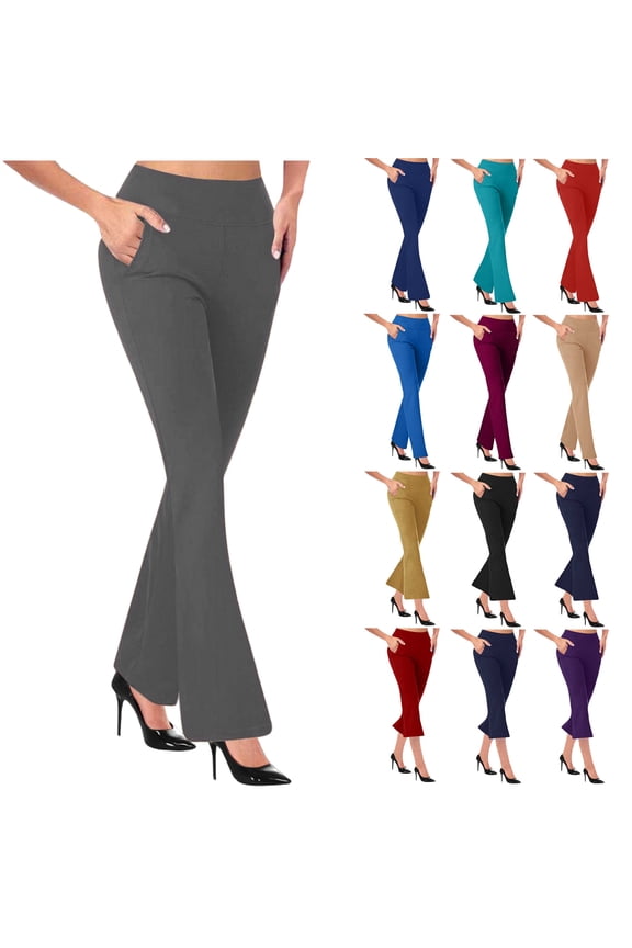 High Waisted Dress Pants for Women Bootcut Elastic Waist Work Slacks 2026 Solid Business Casual Pants Going Out Flare Trousers with Pockets Brown M