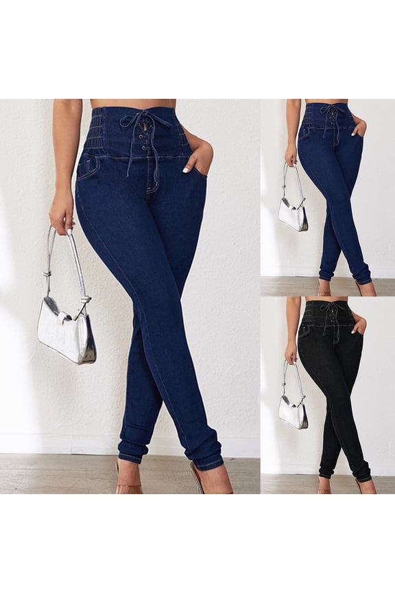 High Waisted Jean Pants for Women Slim Fit Butt Lift Jeans Solid Tight Stretchy Denim Trousers with Pockets Y2k Streetwear Clearance Items Black M