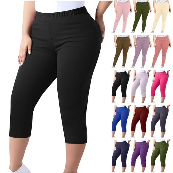 QATAINLAV High Waisted Leggings for Women Plus Size Casual Elastic Waist Cropped Yoga Pants Solid Color Workout Legging Capris Black XXXL Back to College Sale