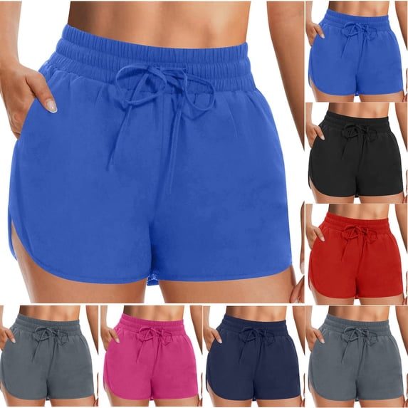 QATAINLAV High Waisted Running Shorts for Women with Pockets Drawstring Casual Side Split Athletic Workout Gym Yoga 3 Inch Shorts Red S