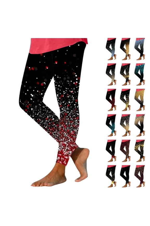 Holiday Leggings for Women 2025 New Years Eve Glitter Sparkle Print Legging Pants Casual Full Length High Waist Tummy Control Yoga Tights Multicolor M