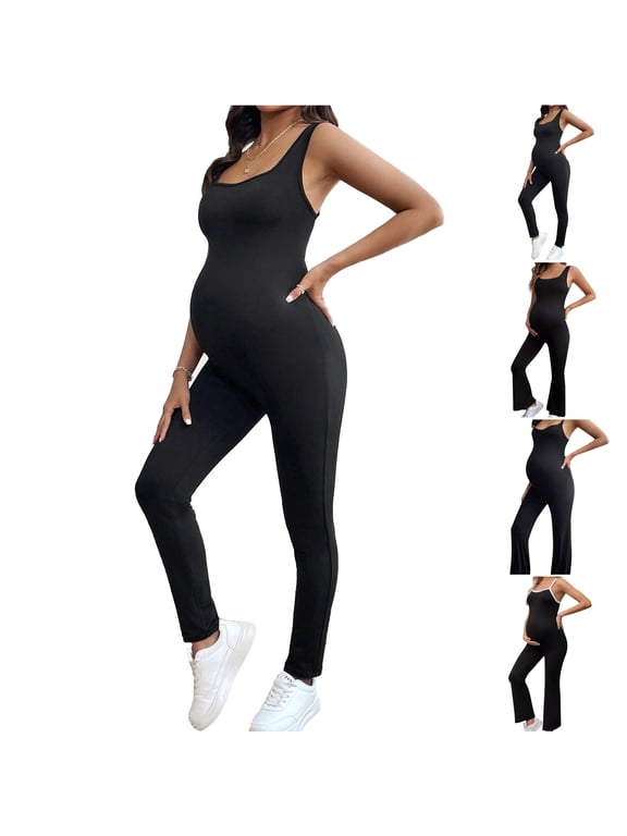 Holiday Sales Maternity Workout Romper Seamless Square Neck Yoga One Piece Leggings Jumpsuit Solid Casual Sleeveless Shapewear for Pregnancy Black XL