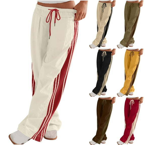 QATAINLAV Holiday Sales Womens Wide Leg Pants Drawstring High Waisted Sweatpants Fashion Side Striped Baggy Palazzo Pants with Pockets Beige L