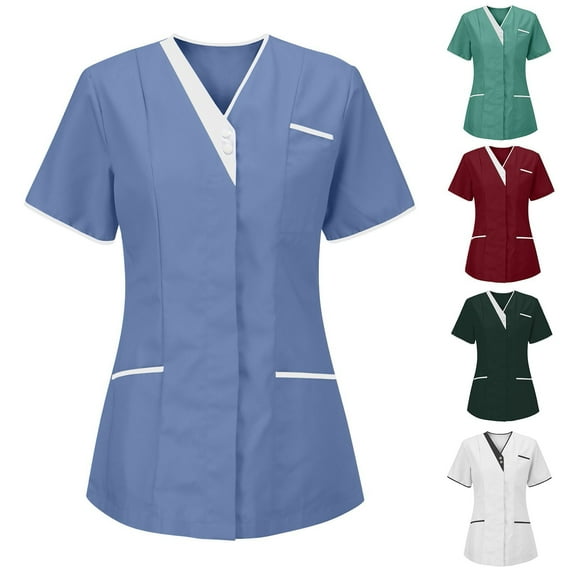QATAINLAV Holiday Scrub Tops for Women Solid Color Short Sleeve Medical Nursing Scrubs Shirts with Pockets Stretchy V Neck Front Button Up Workwear Prime Sale Green XL