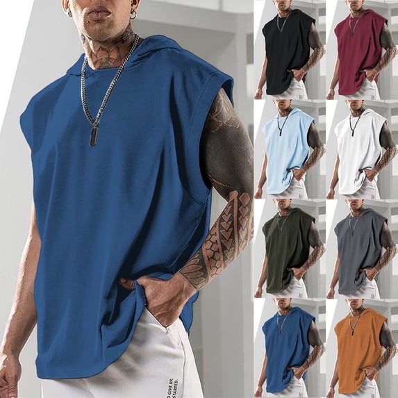 QATAINLAV Hooded Muscle Tank Tops for Men Workout Gym Sleeveless Hoodies Solid Color Cut Off Shirt Moisture Wicking Bodybuilding T-Shirt, Orange, M