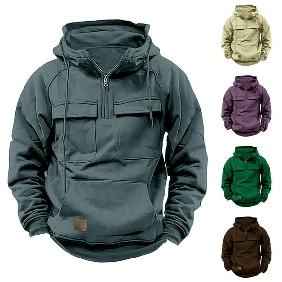 QATAINLAV Hoodies For Men Quarter Zip Tactical Sweatshirts Fall Winter Casual Long Sleeve Workout Pullover Outdoor Cargo Jackets Brown L