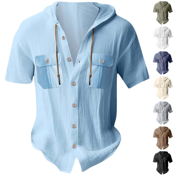 QATAINLAV Hoodies Mens Summer Linen Beach Tops Casual Button Down Hooded Shirt with 2 Pockets Short Sleeve Hippie Shirts, Navy, S