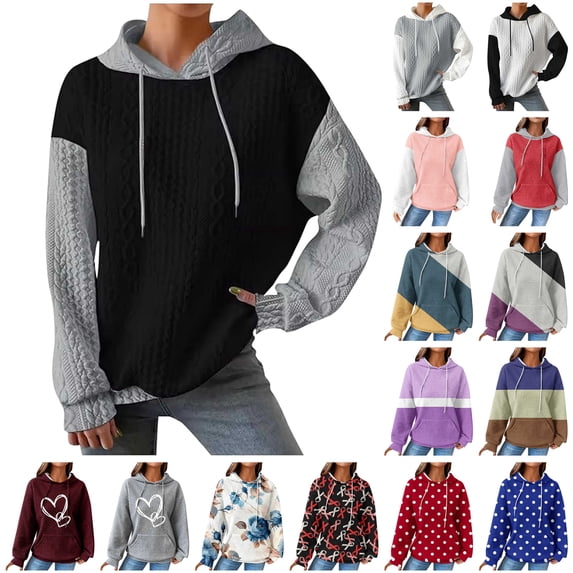 QATAINLAV Hoodies for Women Waffle Texture Drawstring Hooded Sweatshirts Fashion Color Block Pullover Tops No Pockets Teen Girls Clothes, Black, L