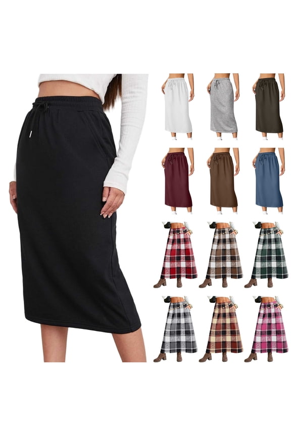 Hot Pink Plaid Skirts for Women Midi Length Vintage Plaid Christmas Skirt CasualElastic Waist Holiday Skirts with Pockets L