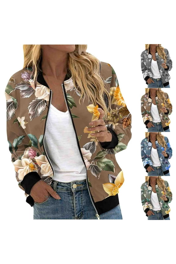 Jackets for Women Fall Fashion Floral Print Coat with Pocket Lightweight Zip Up Bomber Jacket Dressy Casual Outerwear, Blue, XXXXL