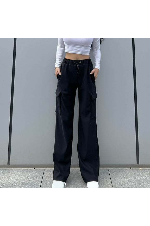 Jean Cargo Pants for Women Baggy Wide Leg Parachute Pants Elastic Mid Waist Solid Denim Work Trousers with Pockets Black M Mothers Day Gifts