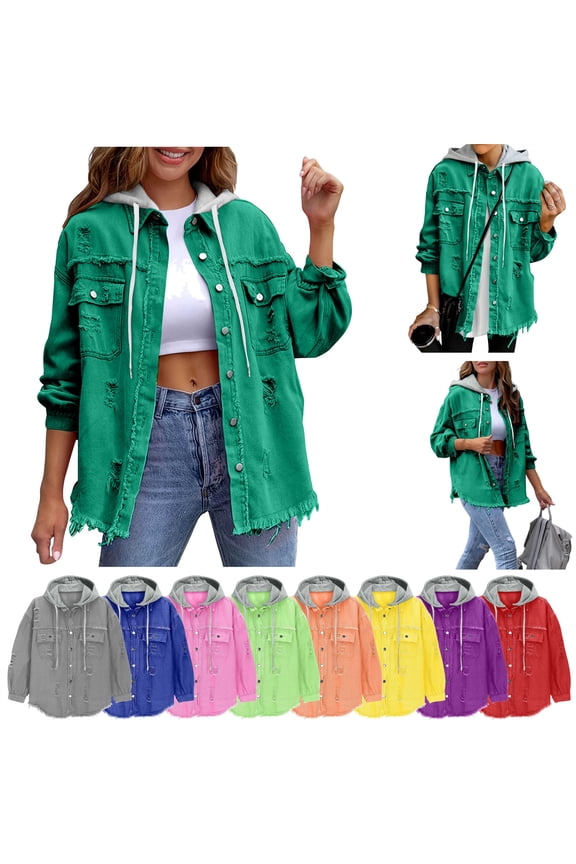 Jean Jacket Women Casual Ripped Denim Button Down Shirt Solid Color Long Sleeve Jeans Shacket with Detachable Hood Multicolor M