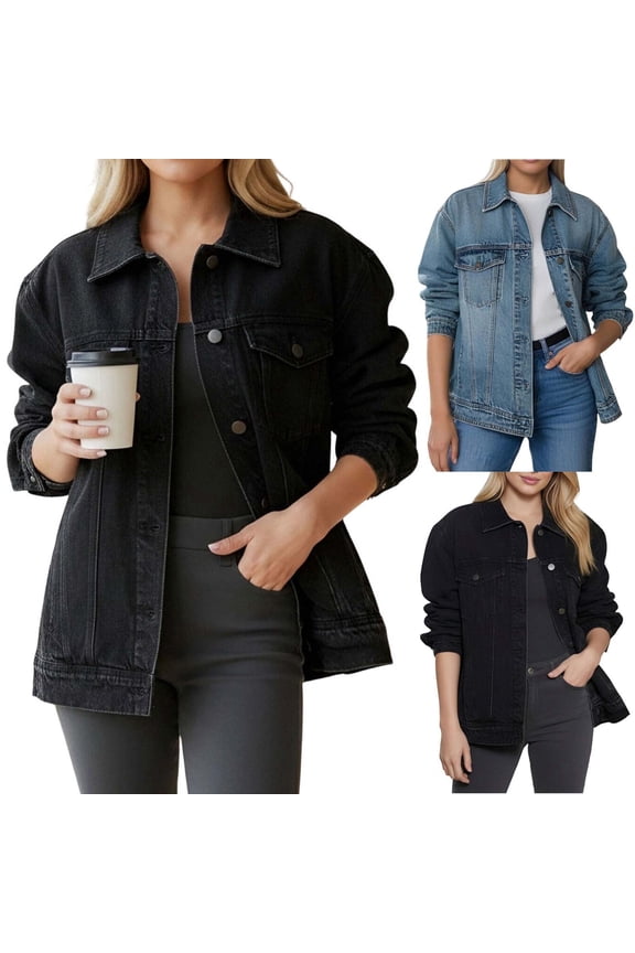 Jean Jacket for Women Distressed Long Sleeve Button Lapel Denim Trucker Jackets Solid Casual Streetwear Black XXL