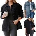 thumbnail image 1 of QATAINLAV Jean Jacket for Women Distressed Long Sleeve Button Lapel Denim Trucker Jackets Solid Casual Streetwear Light Blue L, 1 of 9