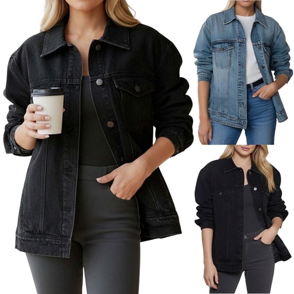 QATAINLAV Jean Jacket for Women Distressed Long Sleeve Button Lapel Denim Trucker Jackets Solid Casual Streetwear Light Blue L