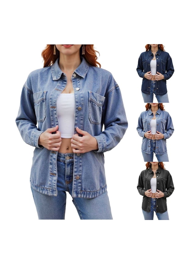 Jean Jackets for Women Long Sleeve Button Up Shacket Casual Denim Coat with Pocket Streetwear Dark Blue XL