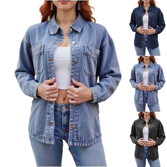QATAINLAV Jean Jackets for Women Long Sleeve Button Up Shacket Casual Denim Coat with Pocket Streetwear Gray L