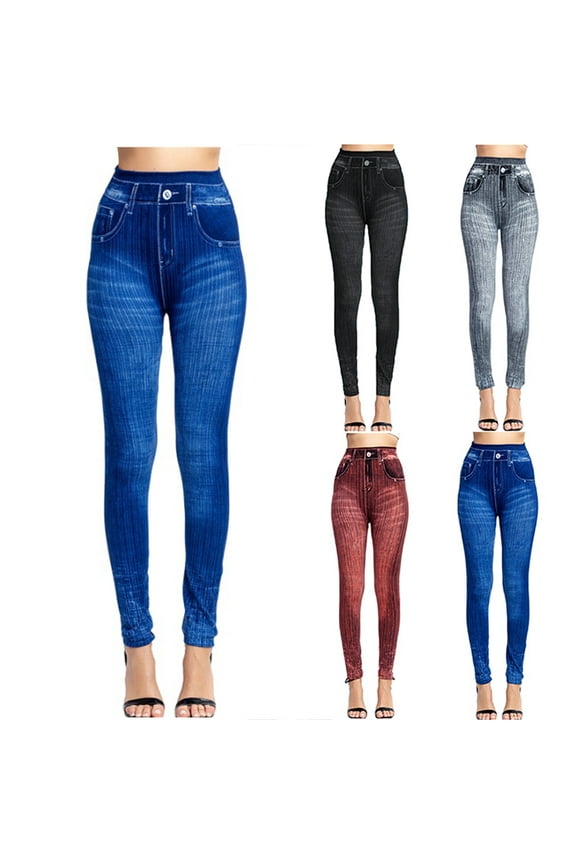 Jean Leggings for Women High Waisted Tummy Control Skinny Stretchy Denim Jeggings Solid Color Tight Fake Jeans Red Free Size Lighten Sales of The Day