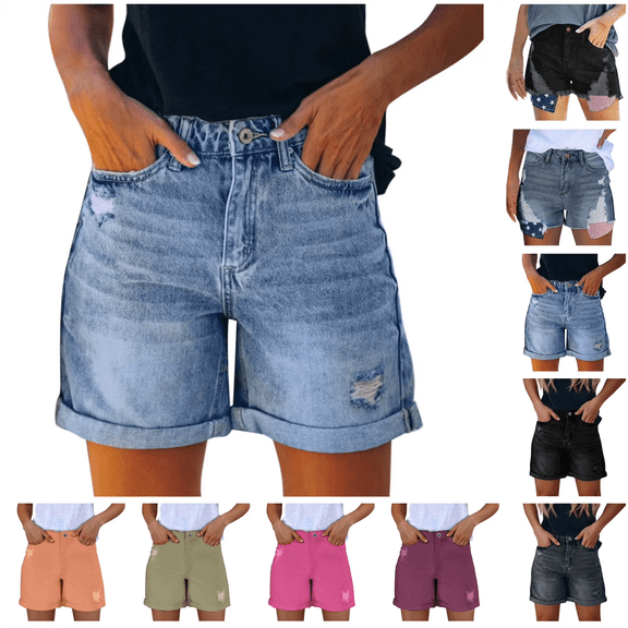 QATAINLAV Jean Shorts for Women Casual Stretchy Denim Summer Hot Shorts Solid Color Mid Waisted Ripped Short Jeans with Pockets Hot Pink XL