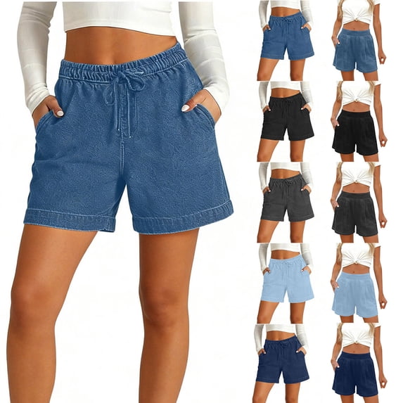 QATAINLAV Jean Shorts Womens 2026 Summer Casual Drawstring High Waisted Short Jeans Solid Color Pull on Trendy Denim Shorts with Pockets Blue XXL