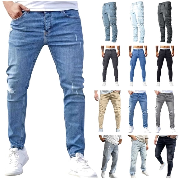 QATAINLAV Jeans for Men Slim Fit Skinny Denim Stretch Tapered Jean Pants Ripped Frayed Hem Tapered Jeans Pants with Pockets Gray XS