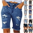 thumbnail image 1 of QATAINLAV Jeans Shorts for Women High Waist, Womens Denim Ripped Bermuda Shorts Casual Distressed Knee Length Stretch Short Jeans with Pockets Lightning Sales Dark Blue L, 1 of 8