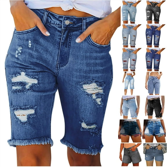 QATAINLAV Jeans Shorts for Women High Waist, Womens Denim Ripped Bermuda Shorts Casual Distressed Knee Length Stretch Short Jeans with Pockets Sales under 5 Brown L