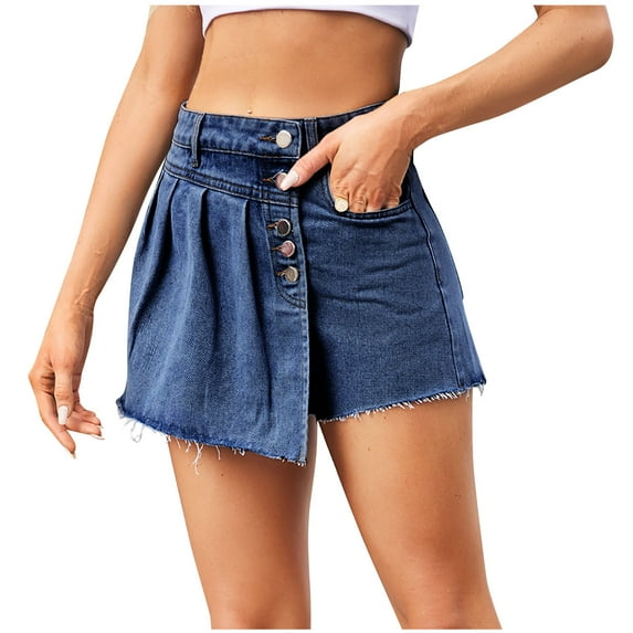 QATAINLAV Jeans Shorts for Women Summer Casual High Waisted Denim Shorts 2024 Basic Solid Skirt Shorts Button Front Jean Skort with Pockets Ofertas Flash Dark Blue M