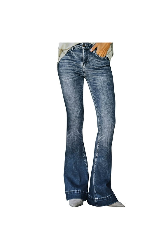 Jeans for Women Button High Waisted Flare Pants Casual Denim Bell Bottom 2024 Outdoor Solid Color Trousers with Pockets Streetwear The Today Show Steals and Sales Navy XL