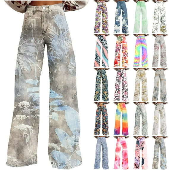 QATAINLAV Womens Baggy Wide Leg Jeans Button High Waisted Denim Trousers Trendy Leaf Print Jean Pants 2024 Fall Clothes Lightning Sales Multicolor XL