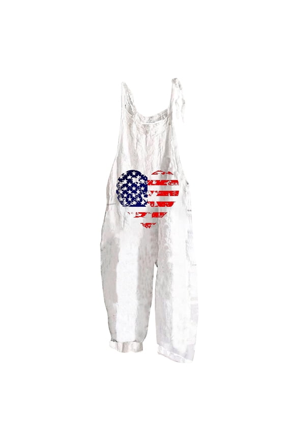 Jumpsuits for Women, 2024 4th of July Suspenders Rompers Independence Day Print Linen Wide Leg Overalls Summer Casual Loose Jumper Pants with Pockets Ofertas Flash de Hoy Red L
