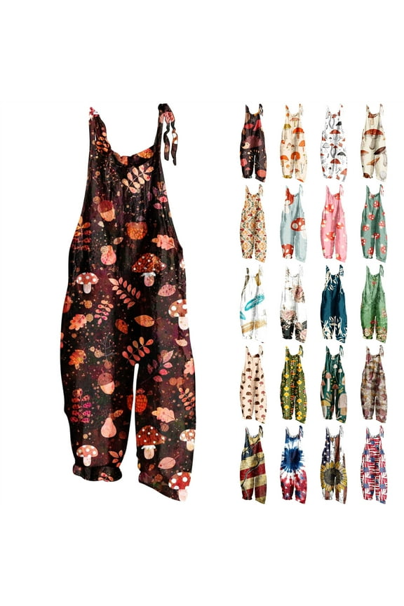 Jumpsuits for Women Casual Adjustable Strap Linen Rompers Summer Loose Wide Leg One Piece Pants Mushroom Print Sleeveless Overalls Hippie Clothes Sales Today Brown XXL