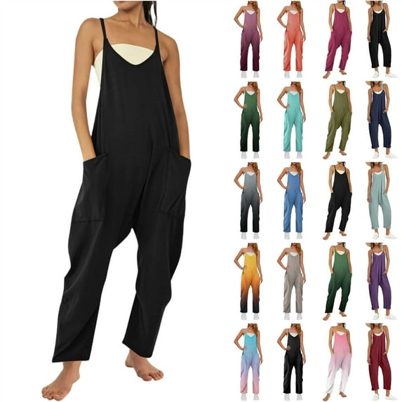 QATAINLAV Jumpsuits for Women Casual Summer Dressy Sleeveless Overalls Loose Long Wide Leg One Piece Pants Solid V Neck Adjustable Strap Jumpers with Pockets Mother's Day Gifts, Wine, S