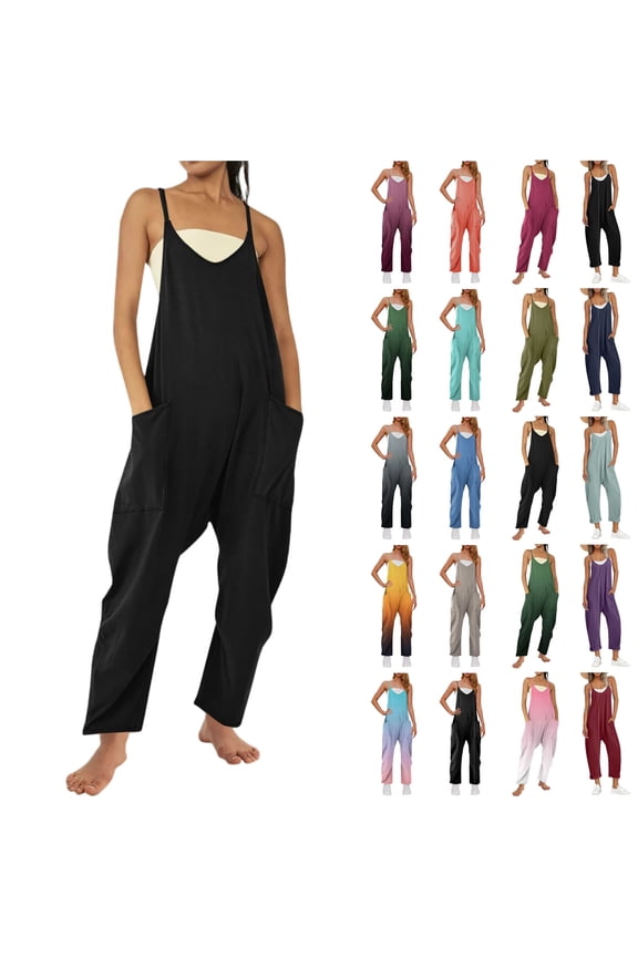 Jumpsuits for Women Casual Summer Rompers Sleeveless Loose Spaghetti Strap Baggy Overalls Jumpers with Pockets White S